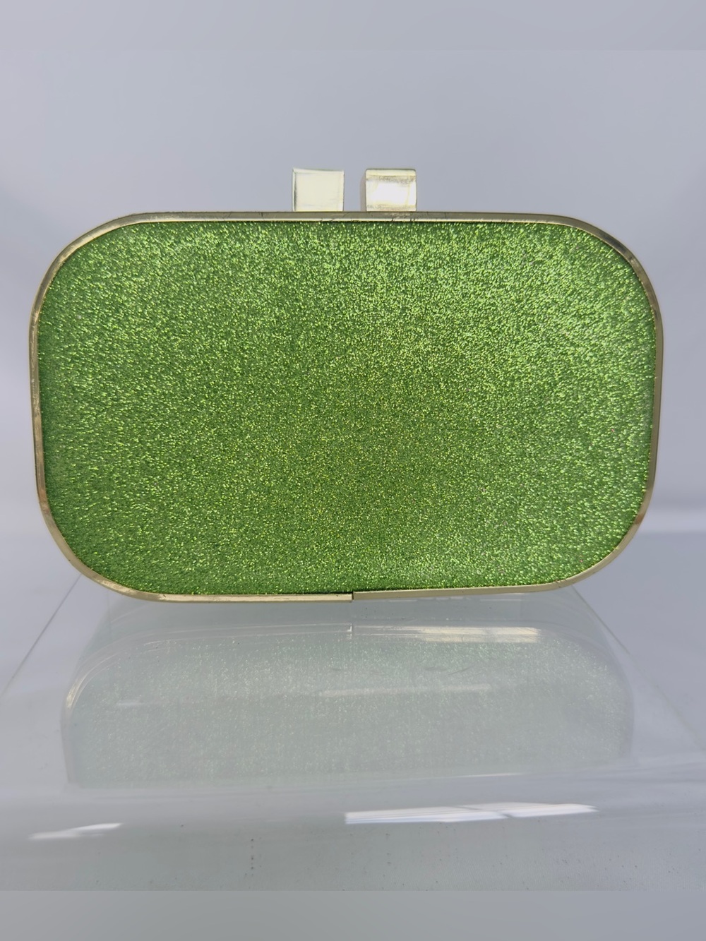 Mini Green Glitter Clutch Bag Oval Metallic Box Style Kiss-Lock Evening Bag